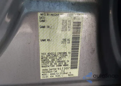 2013 Nissan Altima 2.5 Sv from USA, damaged, VIN 1N4AL3AP3DC917307